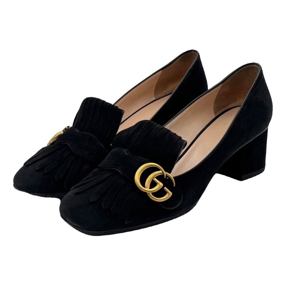 Gucci Marmont Black Suede Loafers with Gold GG and Frill Accent
